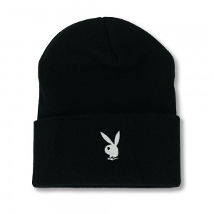 Sombreros Playboy Rabbit Head Cuffed Knit Beanie Mujer Negros | PLBY-592629