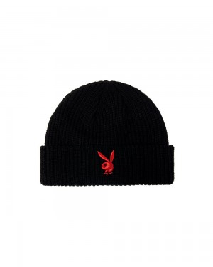 Sombreros Playboy Rabbit Head Knit Beanie Black With Red Bunny Mujer Negros Rojos | PLBY-592630
