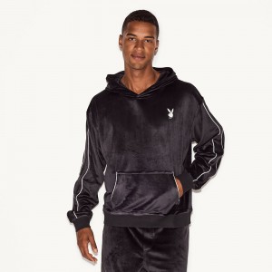 Sudadera con Capucha Playboy Velour Hombre Negros | PLBY-593059
