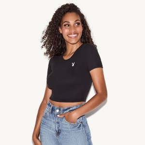 T-shirt Playboy Flower Power Seamless Mujer Negros | PLBY-592908