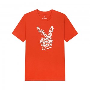 T-shirt Playboy Graffiti Rabbit Head Orange Hombre Naranjas | PLBY-593236