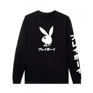 T-shirt Playboy Japanese Rabbit Head Long Sleeve Hombre Negros | PLBY-593184