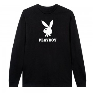 T-shirt Playboy Logo Long Sleeve Hombre Negros | PLBY-593148