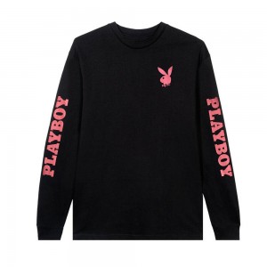 T-shirt Playboy Masthead & Rabbit Head Long Sleeve Hombre Negros | PLBY-593264