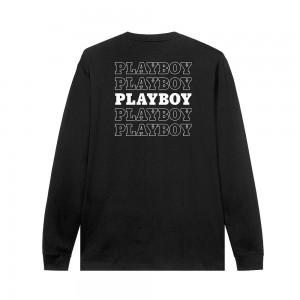 T-shirt Playboy Repeating Masthead Long Sleeve Hombre Negros | PLBY-593149