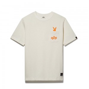 T-shirt Playboy x Alpha Industries Play Forever Pocket Hombre Blancos | PLBY-593217